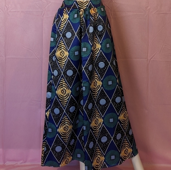 Blue Gold and Black Tribal Print High Waist Long Boho Unique Maxi Skirt Pockets - Picture 1 of 6